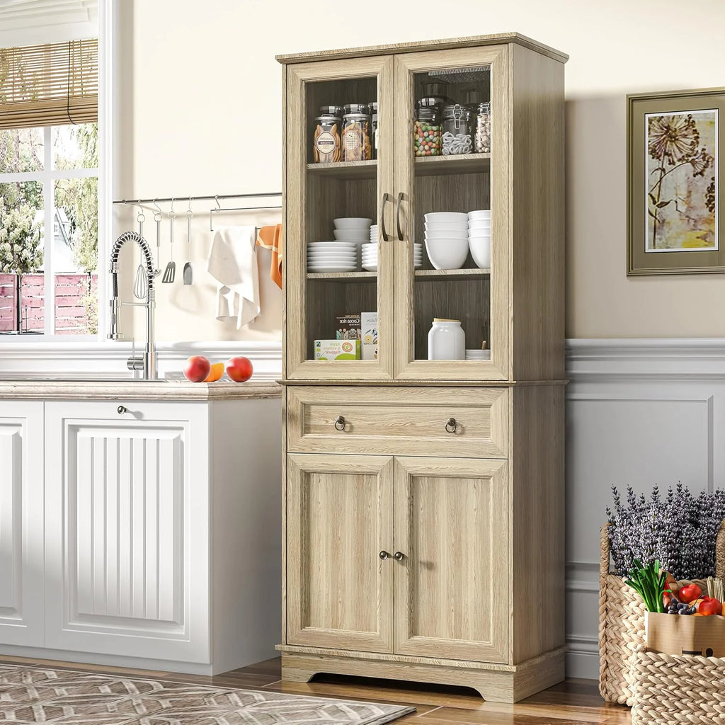 Kitchen Hutch Pantry Cabinet 71" Tall with Glass Doors