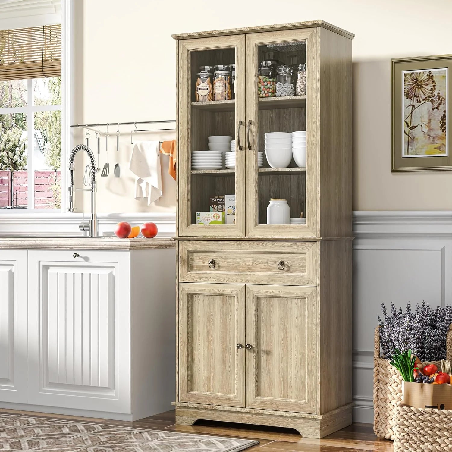 Kitchen Hutch Pantry Cabinet 71" Tall with Glass Doors