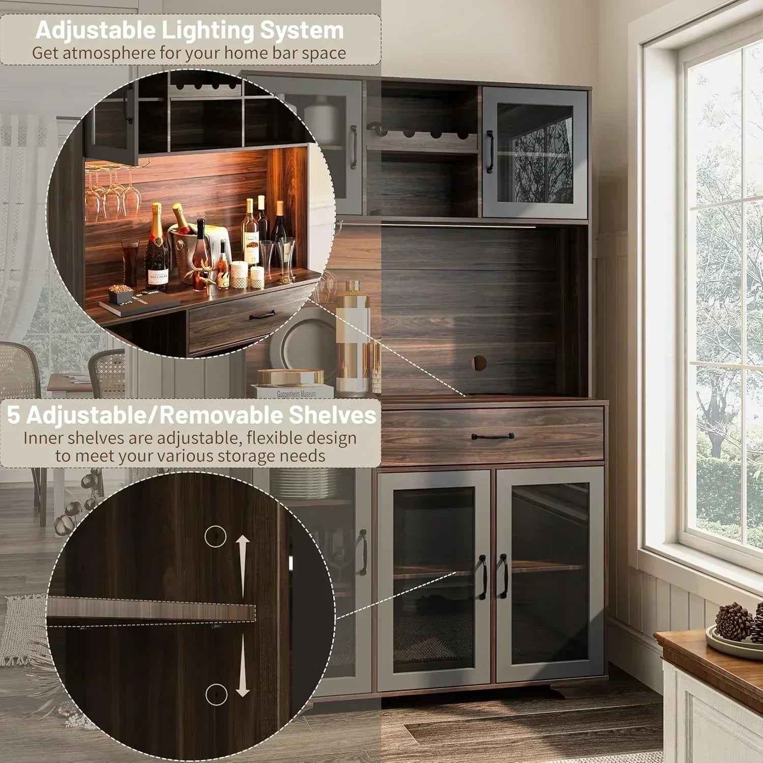 Kitchen Hutch Pantry Cabinet 71" Tall with Glass Doors