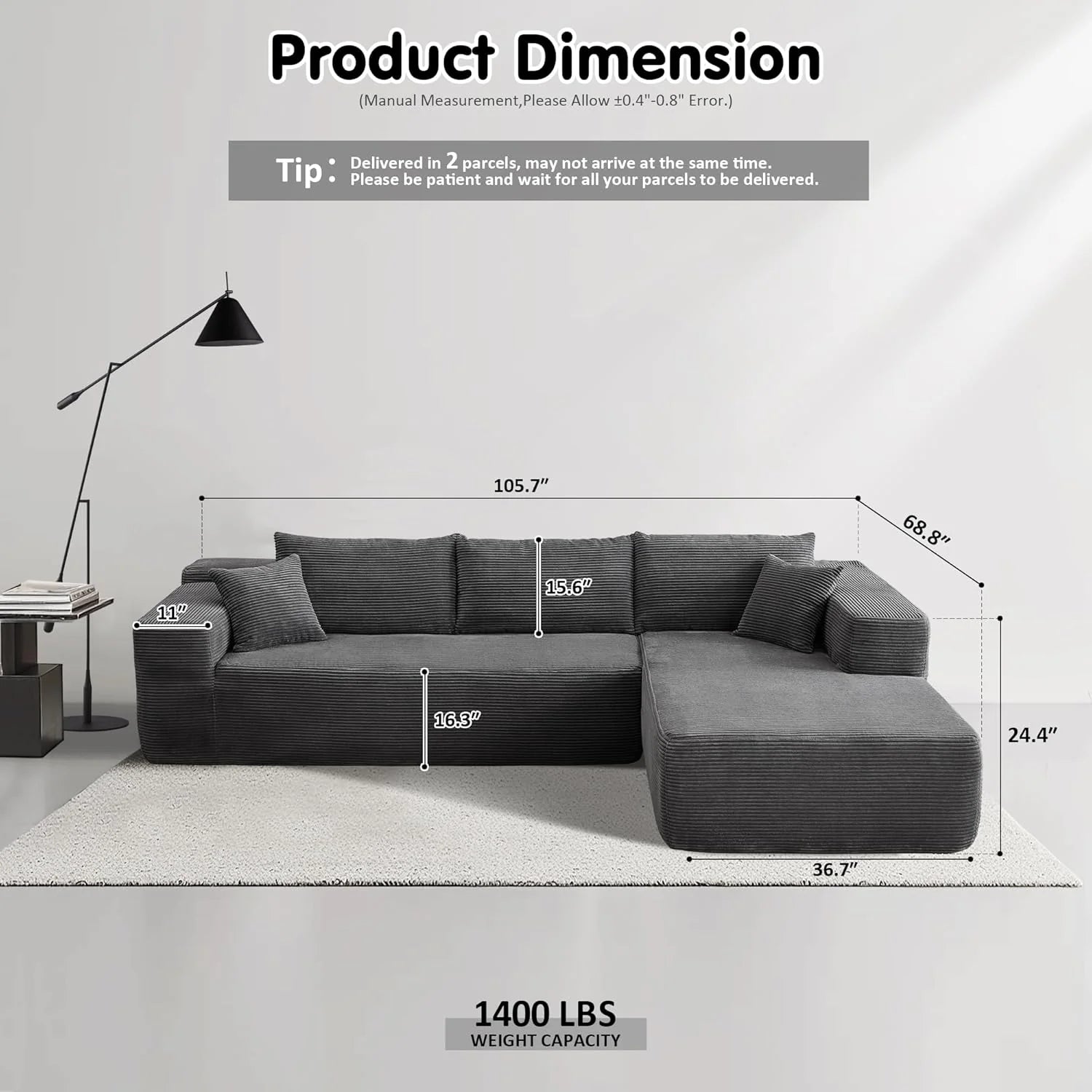 Ovios 104" Cloud Section Sofa L-shaped lounge chair, modern modular sofa