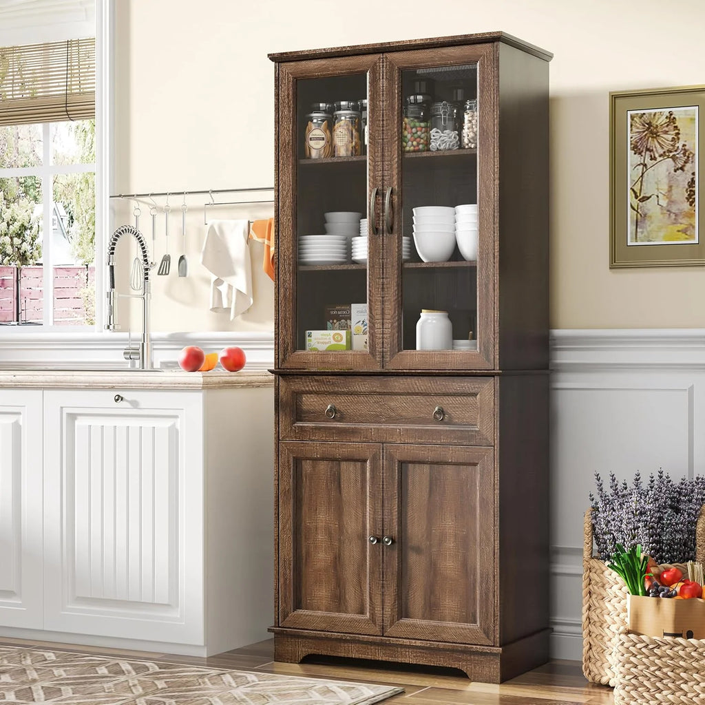 Kitchen Hutch Pantry Cabinet 71" Tall with Glass Doors