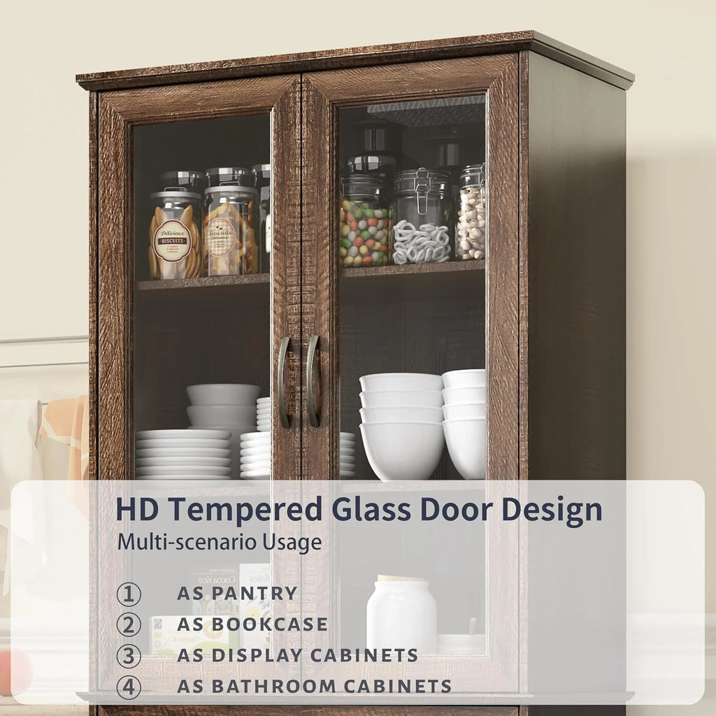 Kitchen Hutch Pantry Cabinet 71" Tall with Glass Doors
