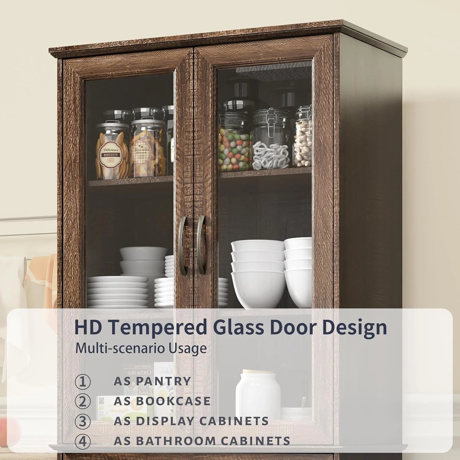 Kitchen Hutch Pantry Cabinet 71" Tall with Glass Doors