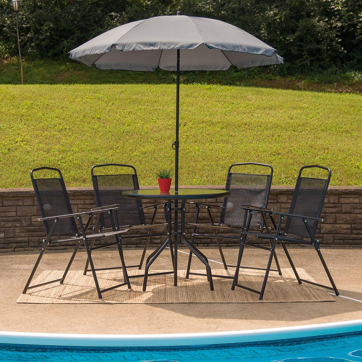 EMMA + OLIVER 6 Piece Brown Patio Garden Set with Umbrella Table Set of 4 Folding Chairs