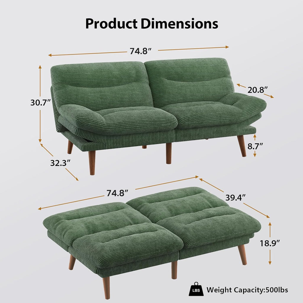 Pipishell Convertible Futon Sofa Bed,66" Corduroy Futon Couch with Adjustable Backrest and Armrests, Recliner Sleeper Sofa for Small Spaces, Play Room or Office, Grey