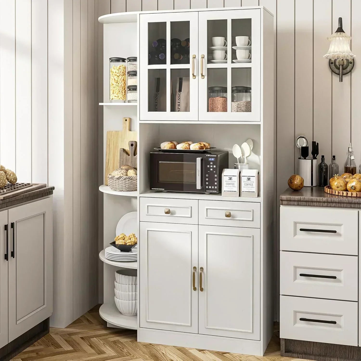 Kitchen Hutch Pantry Cabinet 71" Tall with Glass Doors