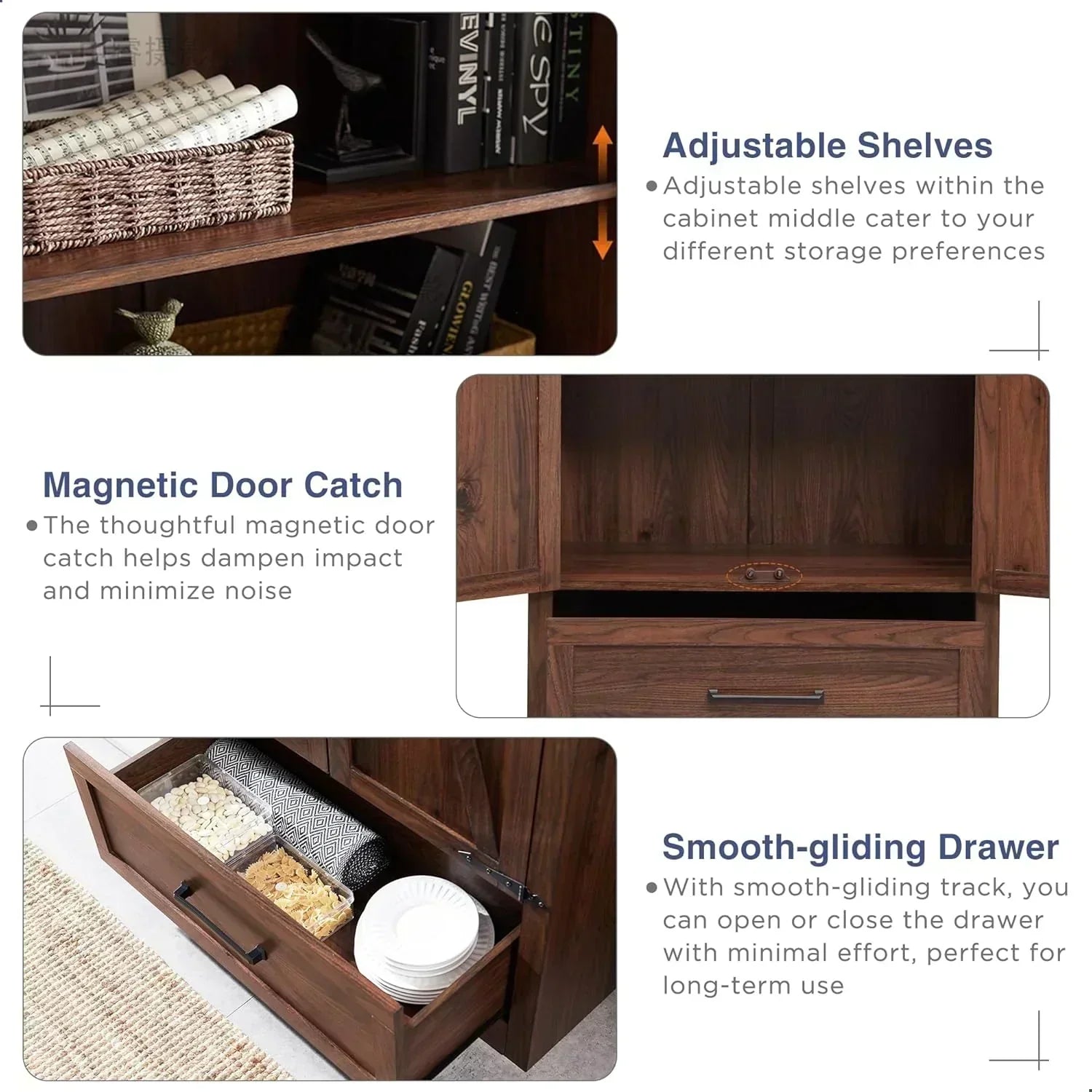 JXQTLINGMU Farmhouse Kitchen Pantry 72" Tall Wood Kitchen Storage Cabinet Adjustable Shelves