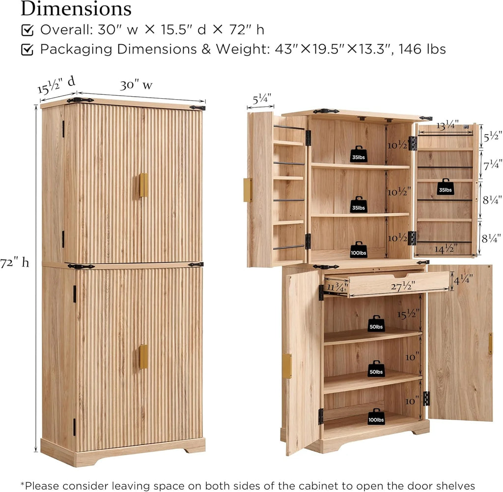 Fluted Pantry Cabinet, 72" Tall Modern Storage Cabinet with 4 Doors, Organizer, Drawer and Adjustable Shelves, Wood Cupboard