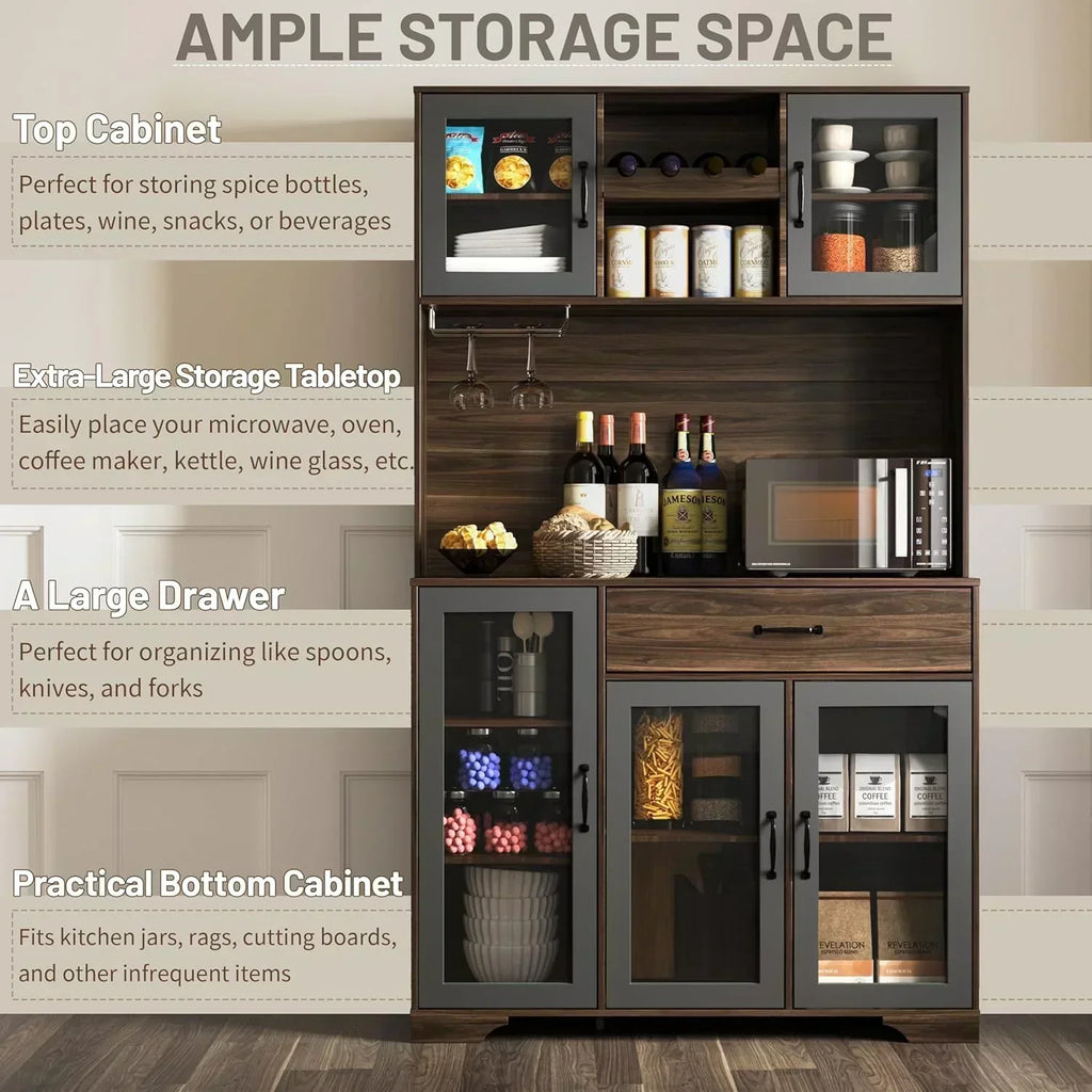 Kitchen Hutch Pantry Cabinet 71" Tall with Glass Doors