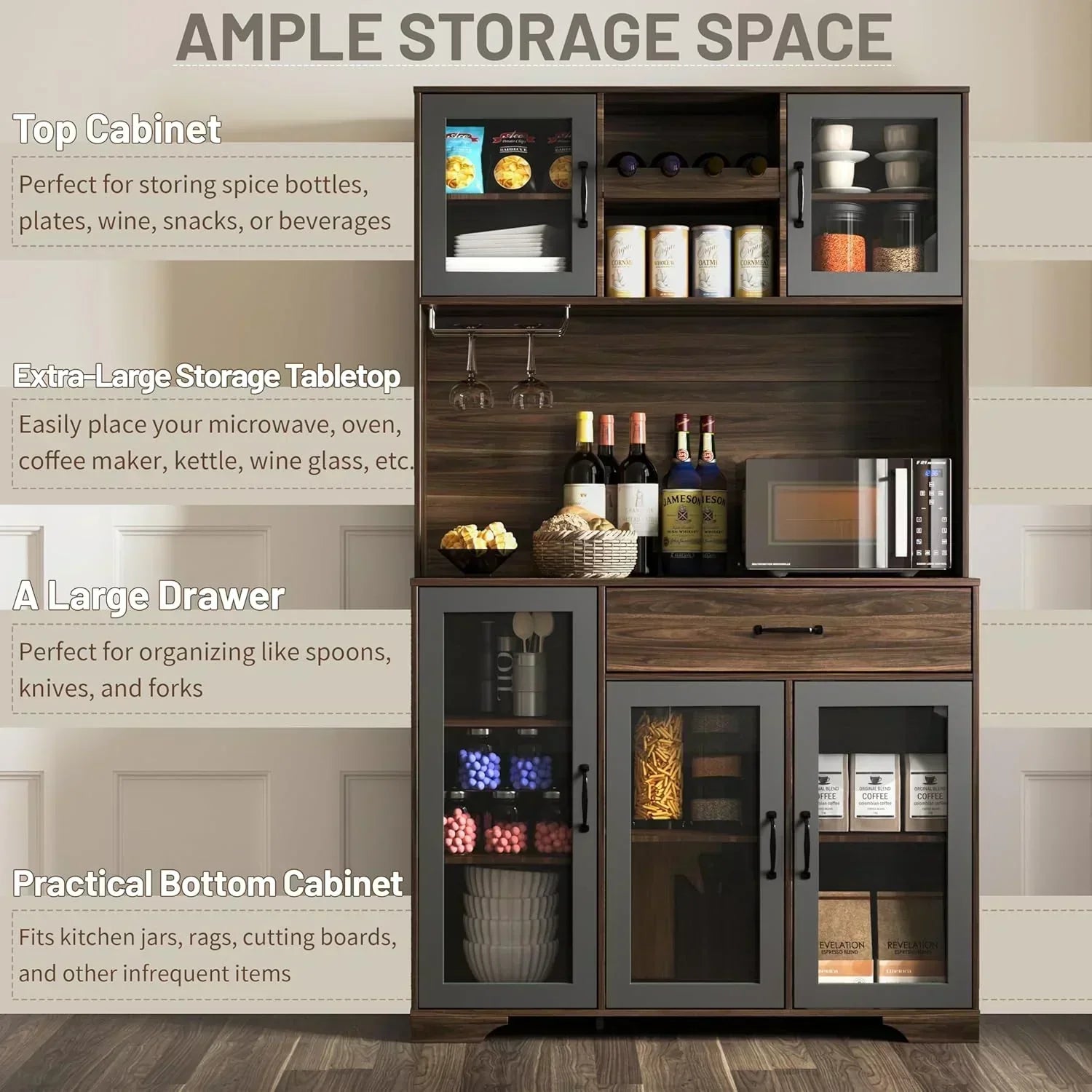 Kitchen Hutch Pantry Cabinet 71" Tall with Glass Doors