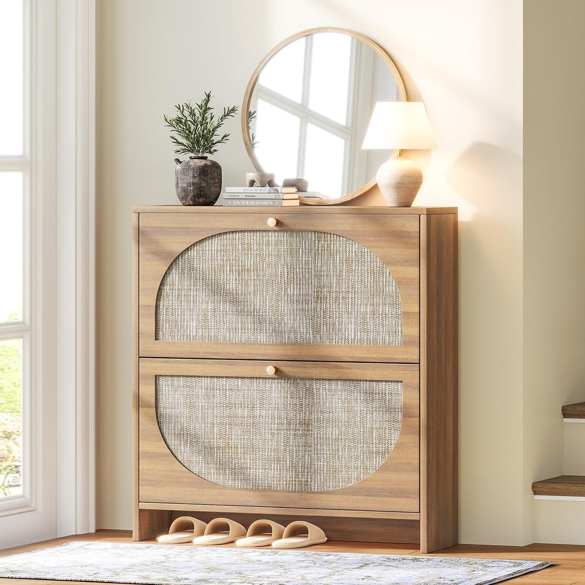 Nicetree freestanding ultra-thin arched rattan shoe cabinet