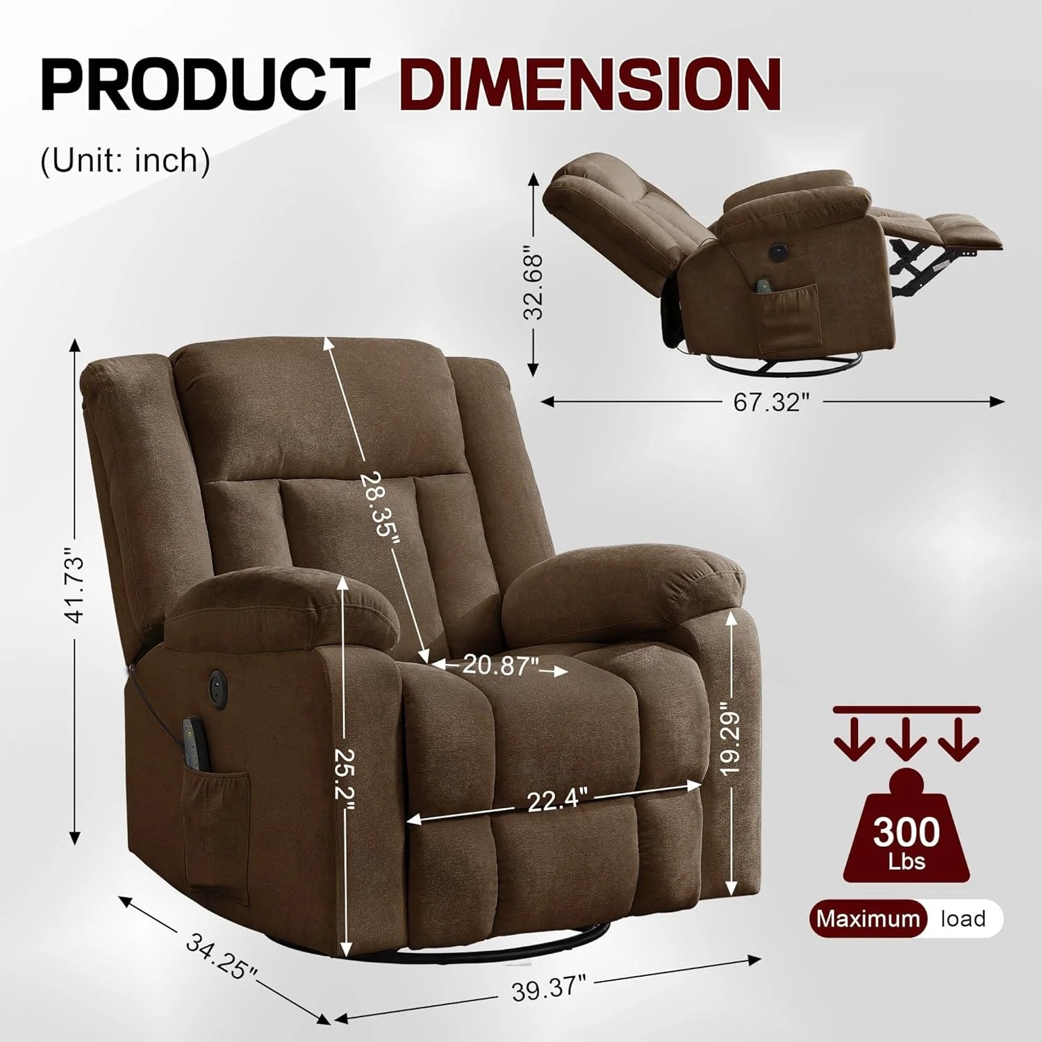 Rocker Recliner, Glider Recliner Chairs for Adults, 360° Swivel Rocking Chair with Massage and Heating, Nursery Chair