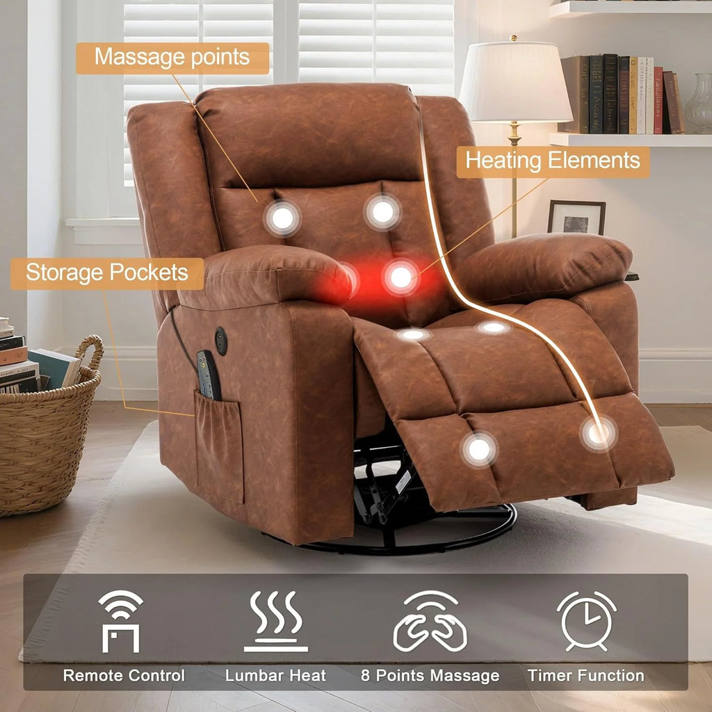 Rocker Recliner, Glider Recliner Chairs for Adults, 360° Swivel Rocking Chair with Massage and Heating, Nursery Chair