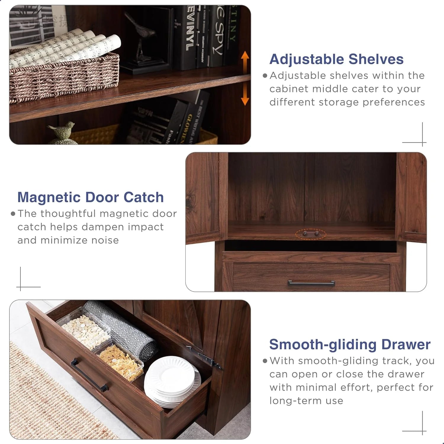 JXQTLINGMU Farmhouse Kitchen Pantry - 72" Tall Wood Kitchen Storage Cabinet with Adjustable Shelves and 2 Barn-Style Doors and Drawers