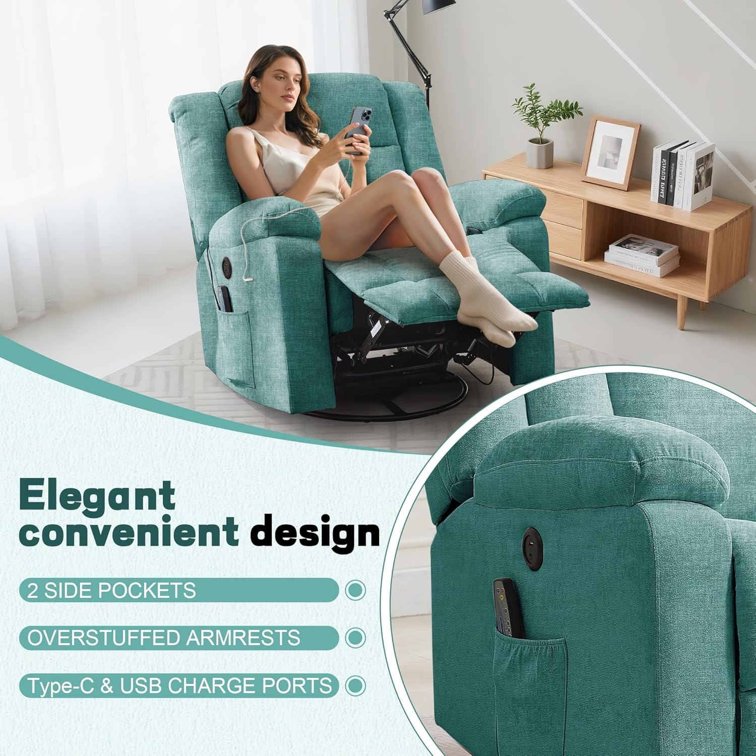 Rocker Recliner, Glider Recliner Chairs for Adults, 360° Swivel Rocking Chair with Massage and Heating, Nursery Chair