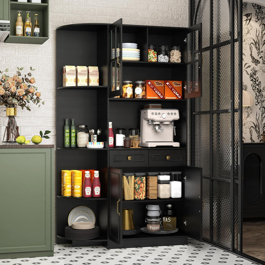 Kitchen Hutch Pantry Cabinet 71" Tall with Glass Doors