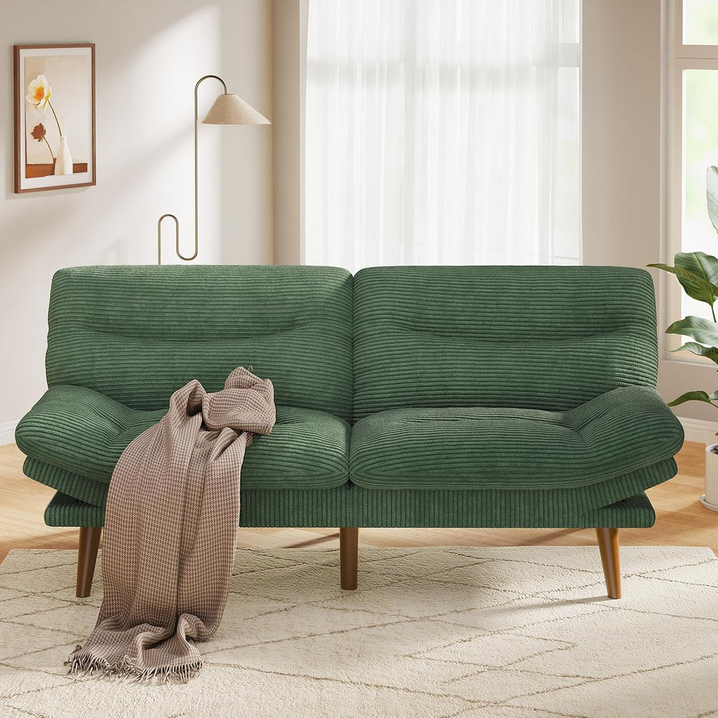 Pipishell Convertible Futon Sofa Bed,66" Corduroy Futon Couch with Adjustable Backrest and Armrests, Recliner Sleeper Sofa for Small Spaces, Play Room or Office, Grey