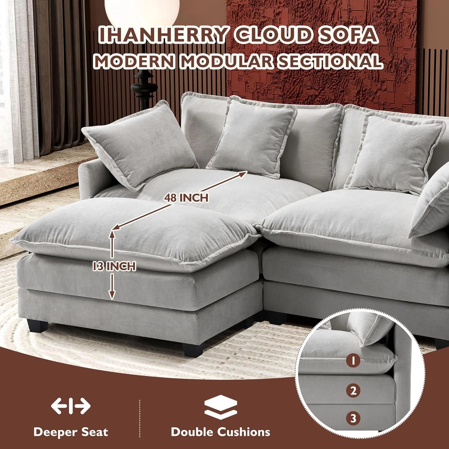 Ihanherry 146" U-Shaped Modern Sofa Modular Sectional Cloud Couch with 2 Ottoman, 6-Seat Chenille Deep Seat Sofa with 6 Pillows for Living Room, Bedroom and Apartment, Grey