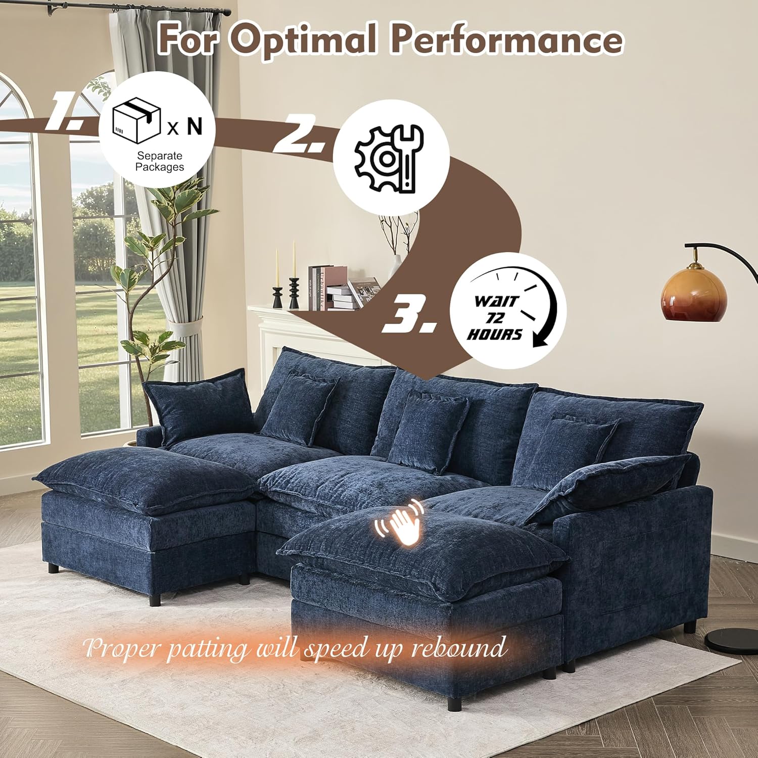 108" U Shaped Couch, Modular Sectional Sofa, 3-Seater Comfy Cloud Couch with Movable Ottoman, Deep Seat Couches for Living Room, Chenille, Slate