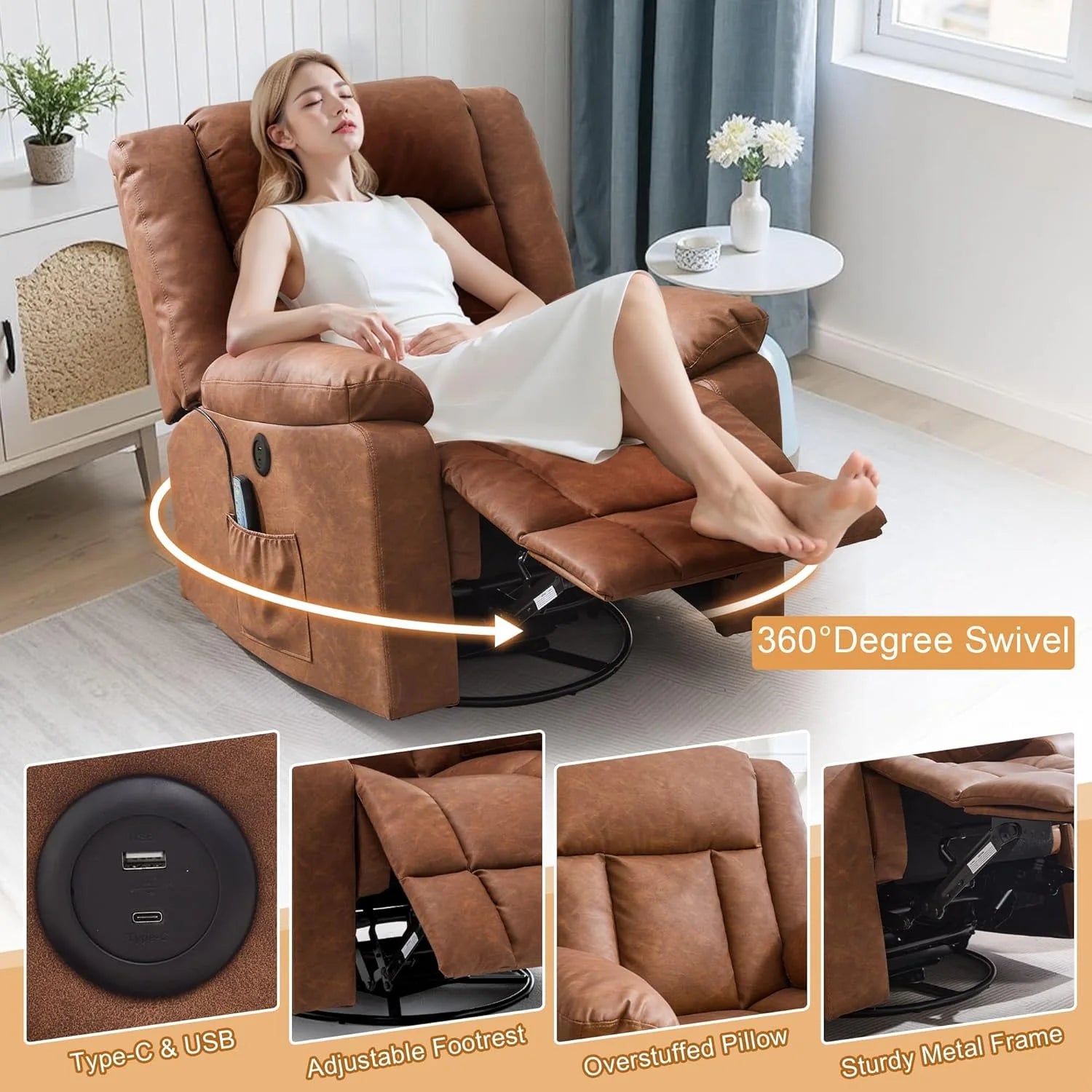 Rocker Recliner, Glider Recliner Chairs for Adults, 360° Swivel Rocking Chair with Massage and Heating, Nursery Chair