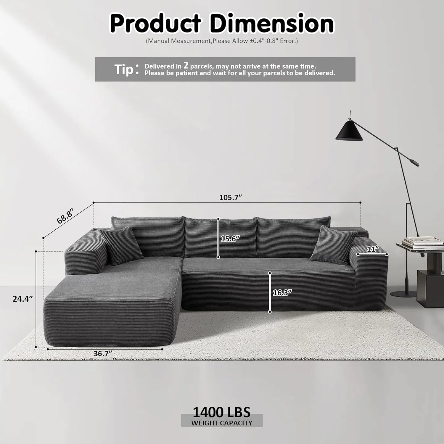 Ovios 104" Cloud Section Sofa L-shaped lounge chair, modern modular sofa