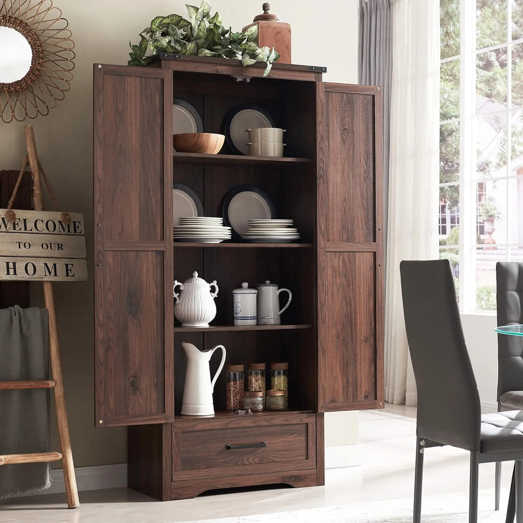 JXQTLINGMU Farmhouse Kitchen Pantry - 72" Tall Wood Kitchen Storage Cabinet with Adjustable Shelves and 2 Barn-Style Doors and Drawers
