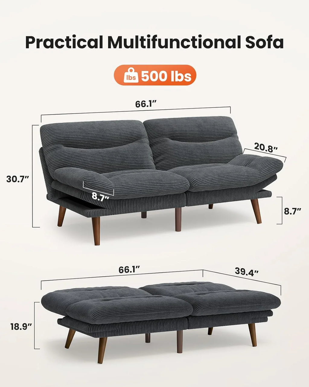 Pipishell Convertible Futon Sofa Bed,66" Corduroy Futon Couch with Adjustable Backrest and Armrests, Recliner Sleeper Sofa for Small Spaces, Play Room or Office, Grey