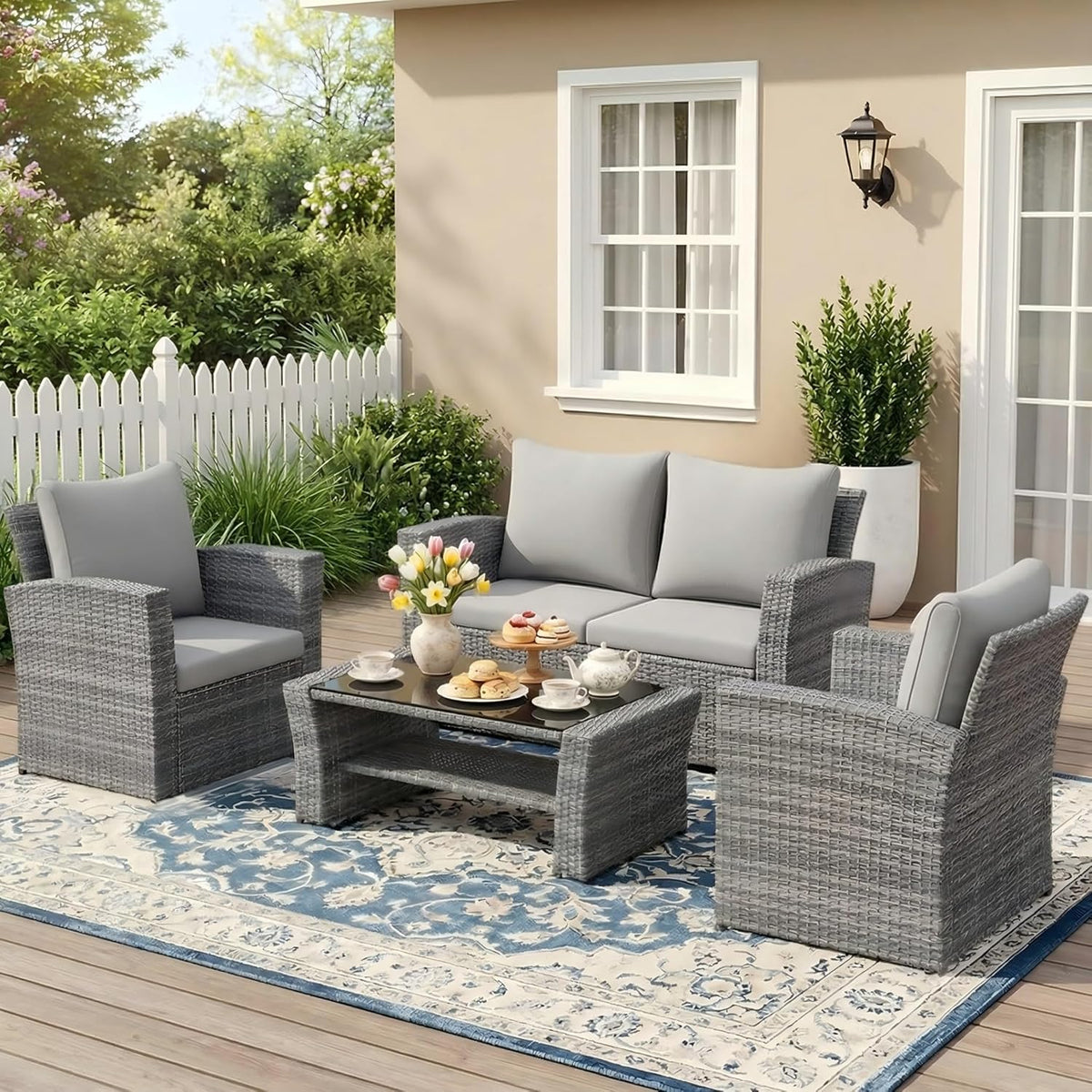 Wisteria Lane 4 Piece Patio Furniture Set, Wicker Outdoor Patio Conversation Furniture Set, All Weather Outdoor Patio Sofa with Cushion and Glass Table, Navy Blue