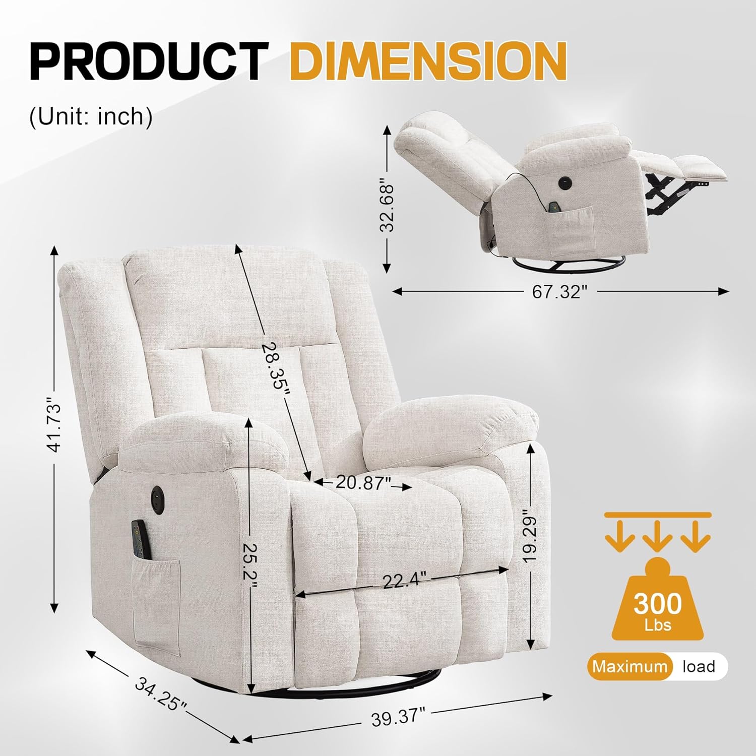 Rocker Recliner, Glider Recliner Chairs for Adults, 360° Swivel Rocking Chair with Massage and Heating, Nursery Chair