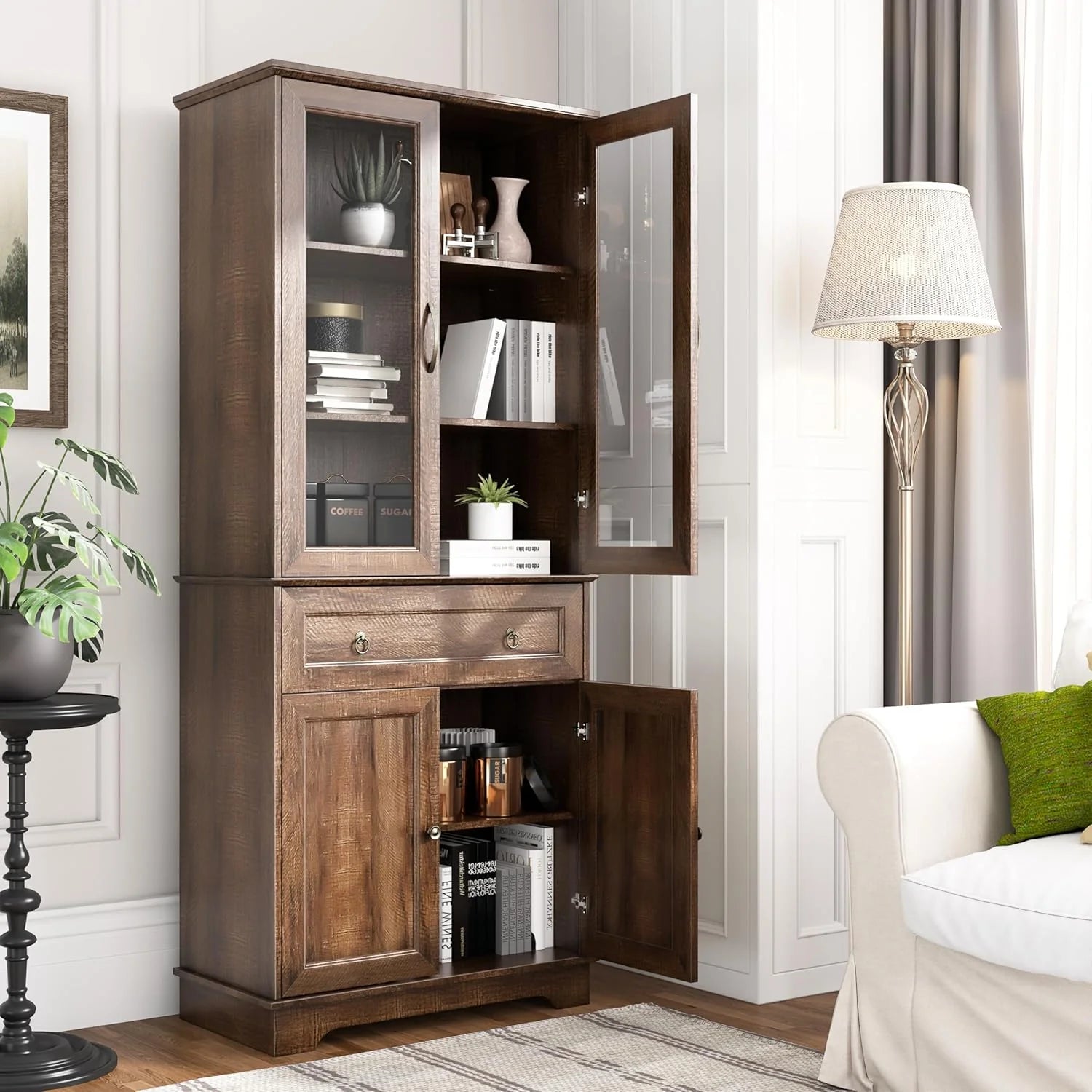 Kitchen Hutch Pantry Cabinet 71" Tall with Glass Doors