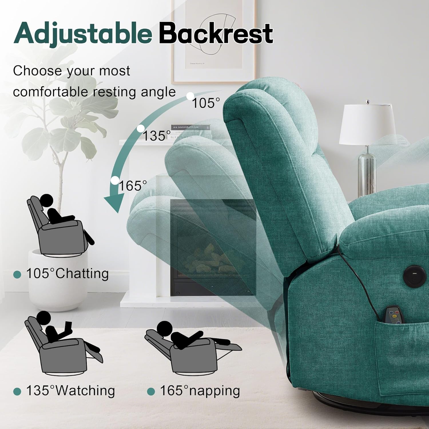 Rocker Recliner, Glider Recliner Chairs for Adults, 360° Swivel Rocking Chair with Massage and Heating, Nursery Chair