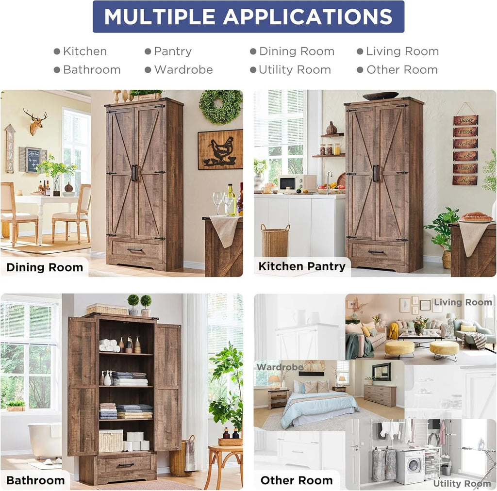 JXQTLINGMU Farmhouse Kitchen Pantry - 72" Tall Wood Kitchen Storage Cabinet with Adjustable Shelves and 2 Barn-Style Doors and Drawers