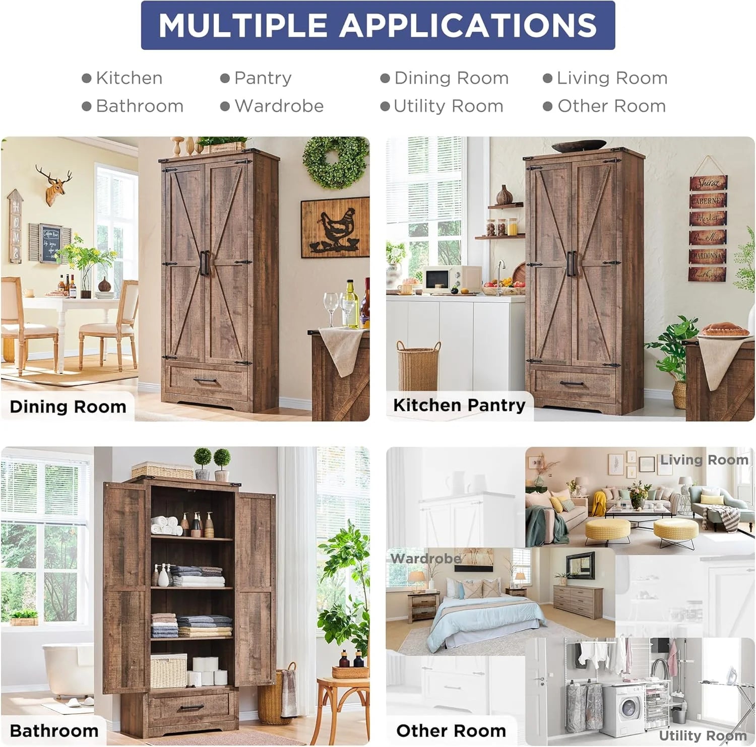 JXQTLINGMU Farmhouse Kitchen Pantry - 72" Tall Wood Kitchen Storage Cabinet with Adjustable Shelves and 2 Barn-Style Doors and Drawers