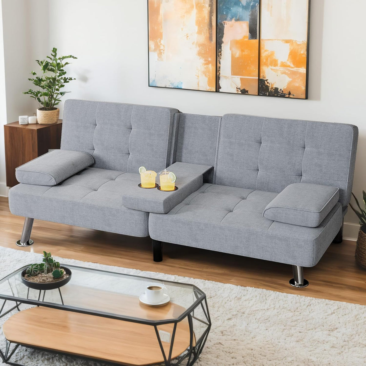 Shahoo Modern Linen Upholstered Convertible Folding Futon Sofa Bed with Removable Armrests