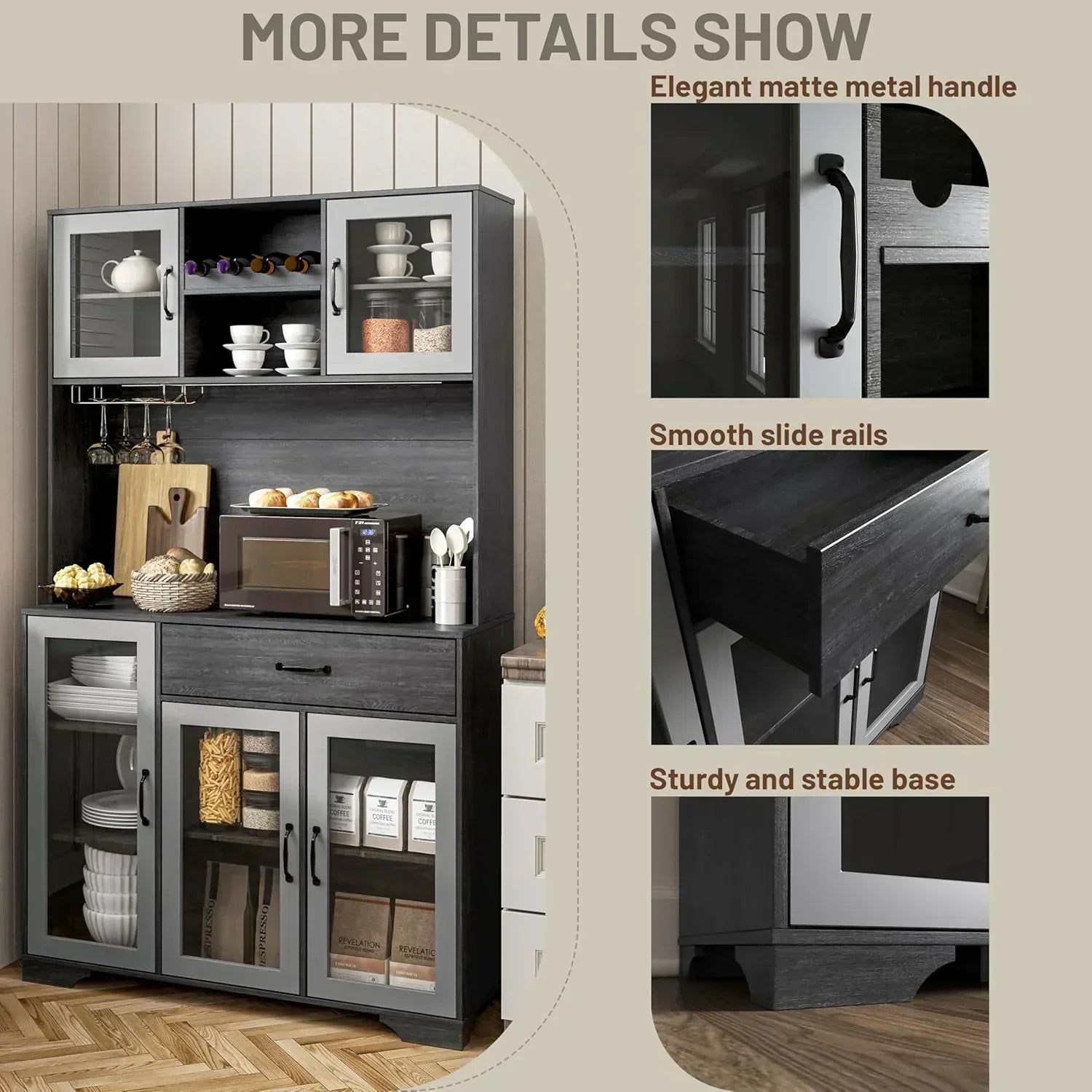 Kitchen Hutch Pantry Cabinet 71" Tall with Glass Doors