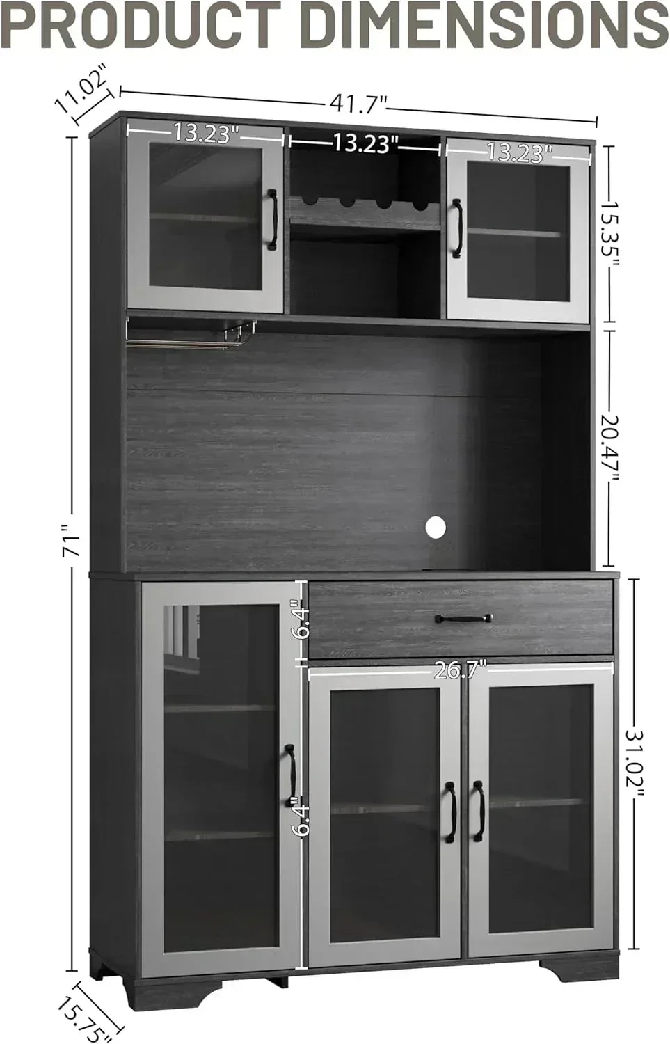 Kitchen Hutch Pantry Cabinet 71" Tall with Glass Doors