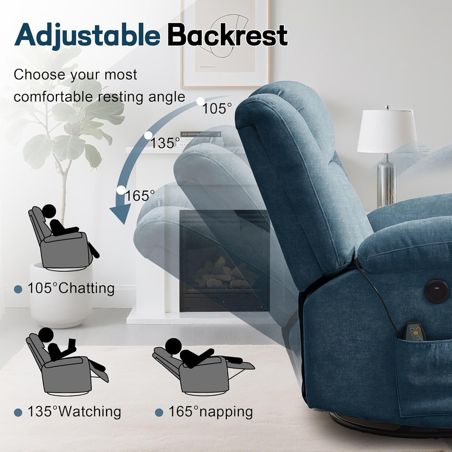Rocker Recliner, Glider Recliner Chairs for Adults, 360° Swivel Rocking Chair with Massage and Heating, Nursery Chair