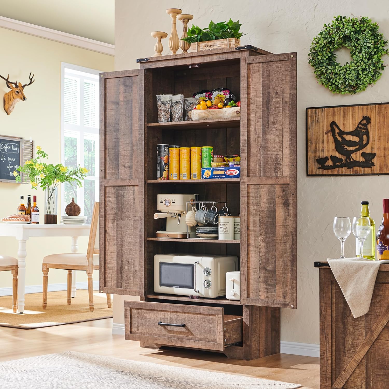 JXQTLINGMU Farmhouse Kitchen Pantry 72" Tall Wood Kitchen Storage Cabinet Adjustable Shelves