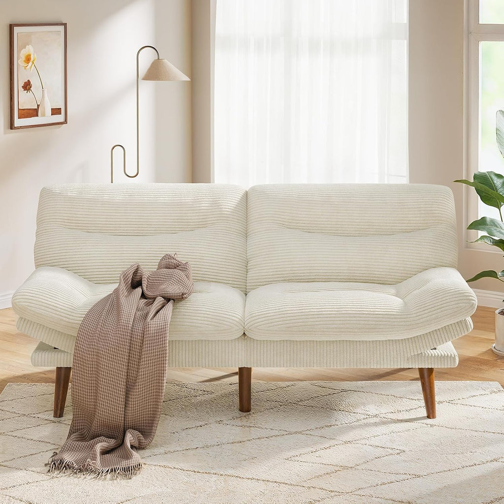 Pipishell Convertible Futon Sofa Bed,66" Corduroy Futon Couch with Adjustable Backrest and Armrests, Recliner Sleeper Sofa for Small Spaces, Play Room or Office, Grey