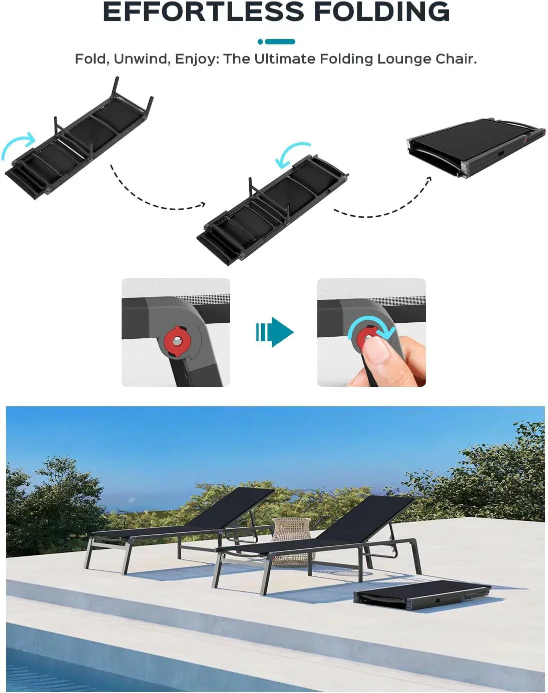 Aluminum Chaise Lounge Outdoor Foldable Assemble Free Outdoor Lounge Chair 5 Adjustable Backrest