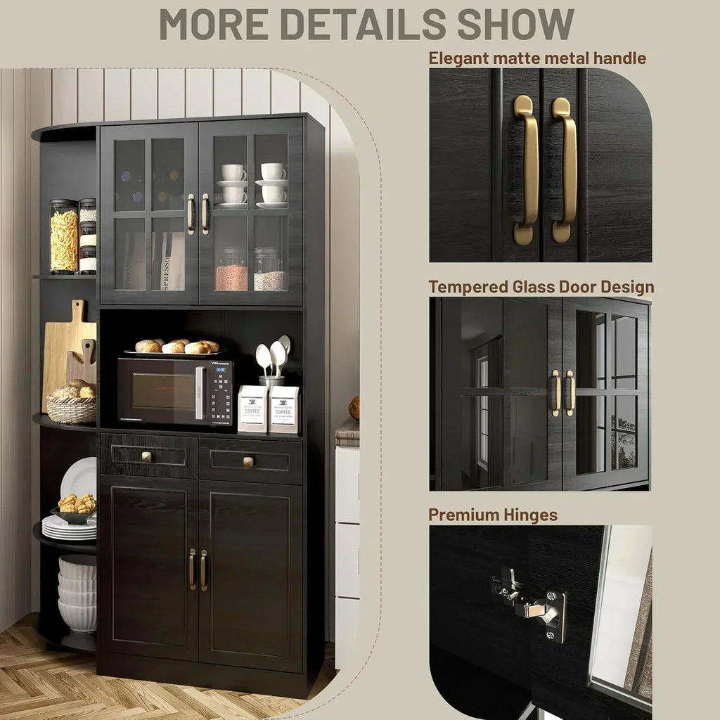 Kitchen Hutch Pantry Cabinet 71" Tall with Glass Doors