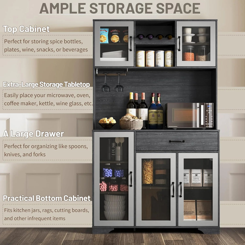 Kitchen Hutch Pantry Cabinet 71" Tall with Glass Doors