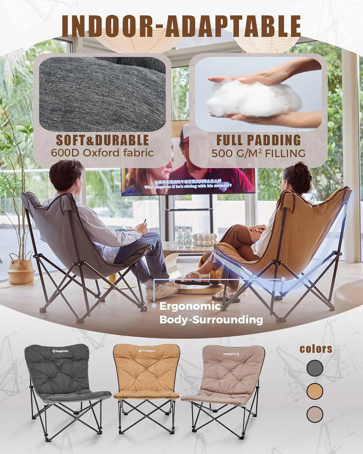 KingCamp Butterfly Chair, Oversized Thick Padded Comfy Camping Chairs Portable Folding Chair 400lbs Heavy Duty Seat with High Backrest & Carry Bag for Outdoor Indoor Patio Lawn Home Living Bed Room