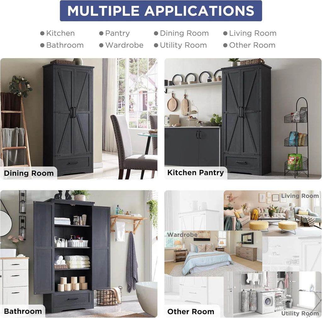 JXQTLINGMU Farmhouse Kitchen Pantry - 72" Tall Wood Kitchen Storage Cabinet with Adjustable Shelves and 2 Barn-Style Doors and Drawers