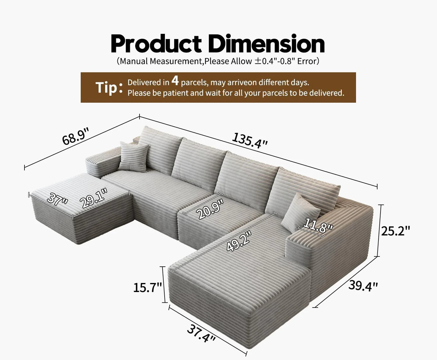 107.5" Cloud Modular Sectional Sofa Couch with L-Shape Chaise,Modern Minimalist Upholstered Couches