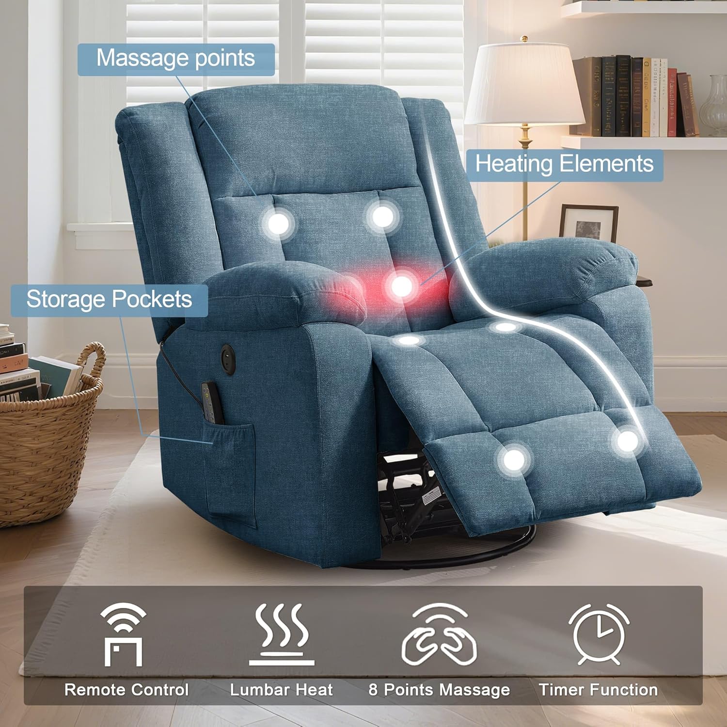 Rocker Recliner, Glider Recliner Chairs for Adults, 360° Swivel Rocking Chair with Massage and Heating, Nursery Chair
