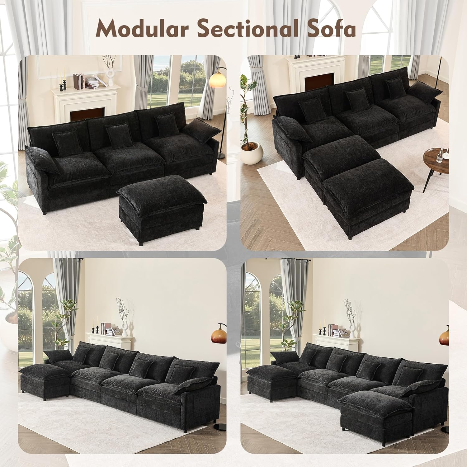 108" U Shaped Couch, Modular Sectional Sofa, 3-Seater Comfy Cloud Couch with Movable Ottoman, Deep Seat Couches for Living Room, Linen, Beige