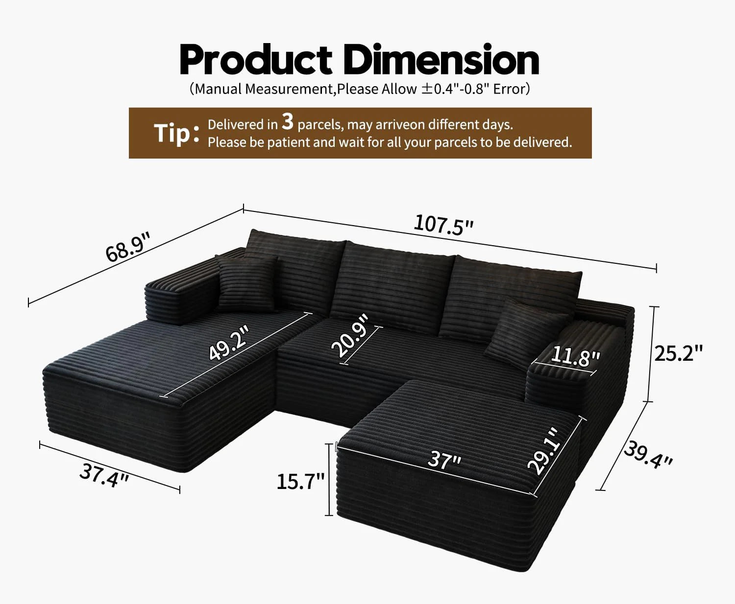 107.5" Cloud Modular Sectional Sofa Couch with L-Shape Chaise,Modern Minimalist Upholstered Couches