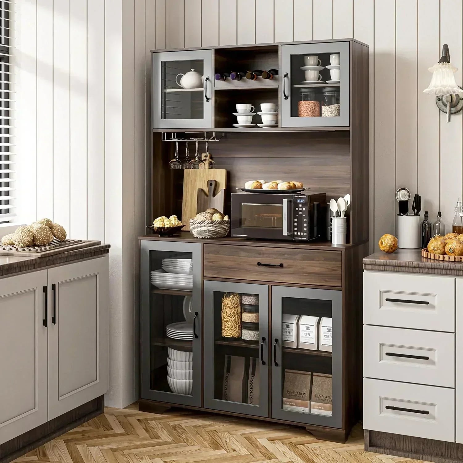 Kitchen Hutch Pantry Cabinet 71" Tall with Glass Doors