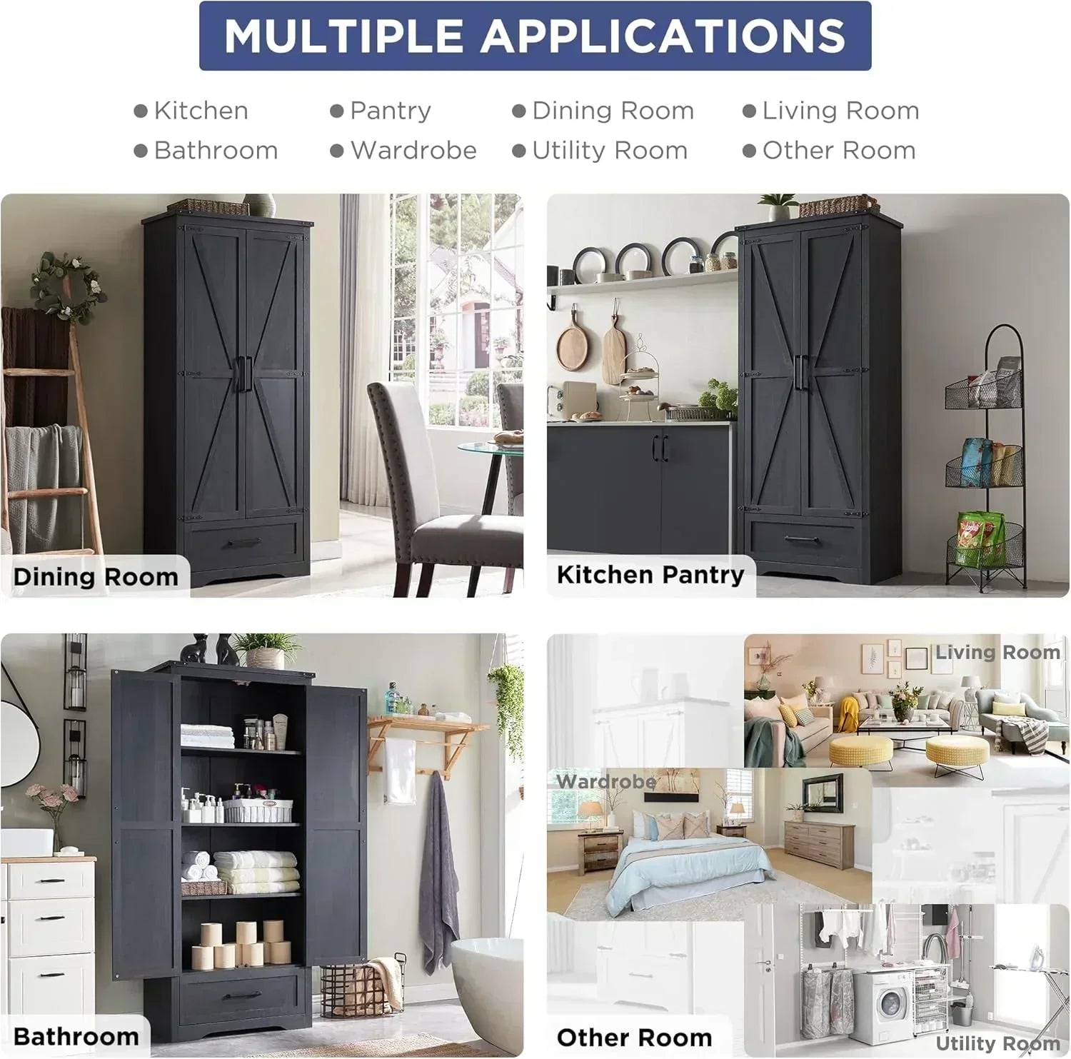 JXQTLINGMU Farmhouse Kitchen Pantry 72" Tall Wood Kitchen Storage Cabinet Adjustable Shelves